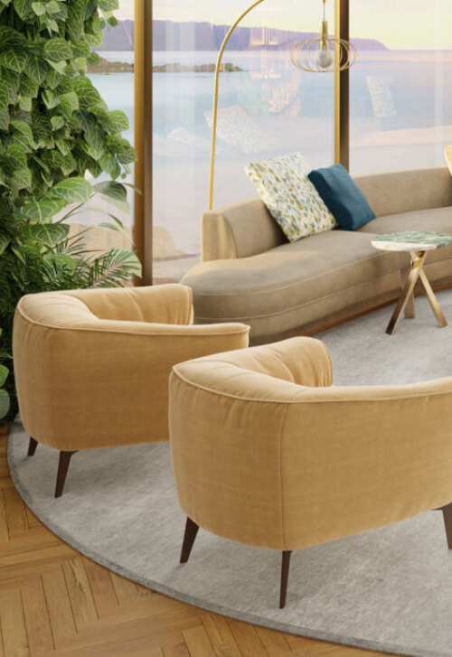 Borzalino Sigmund armchair – golden velvet armchairs in a living room with sea view