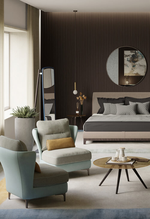 Borzalino Voltaire armchair – pale green armchairs in a modern bedroom lounge area