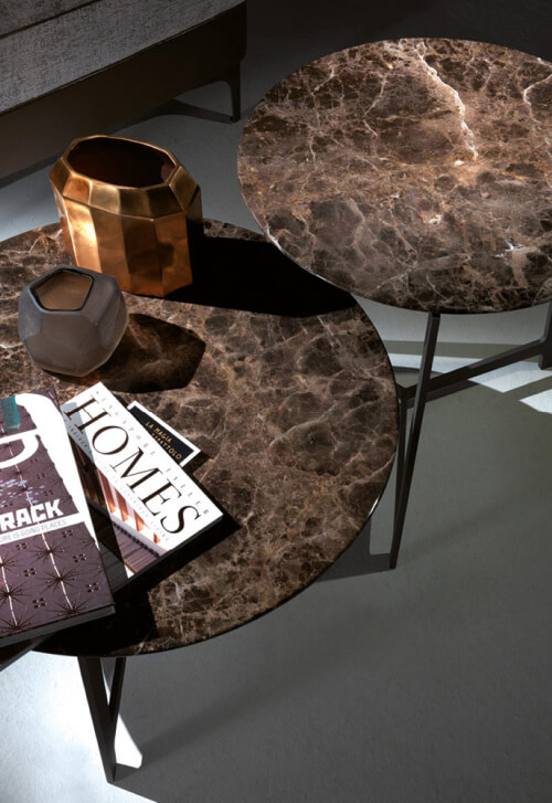 Borzalino B160 Series coffee tables – two round brown marble tables in different sizes