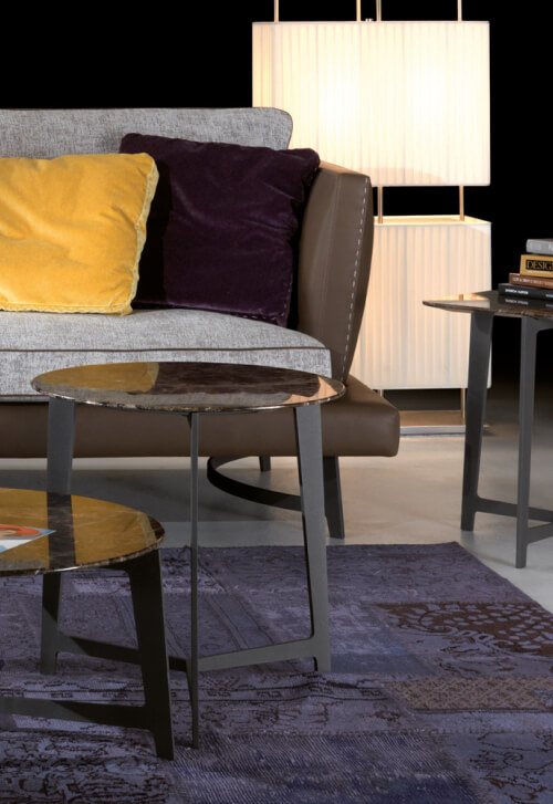 Borzalino B170 Series coffee tables – dark marble tops styled beside a sofa