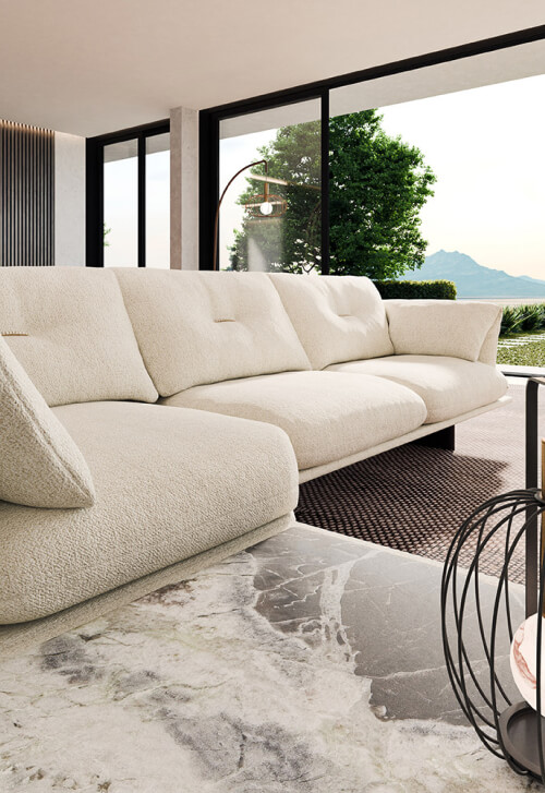 Borzalino Connor collection – cream bouclé sofa in a bright living room with marble floor