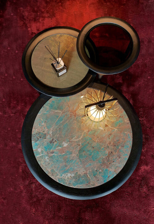 Borzalino Godot coffee tables – black wood tables with turquoise stone and netted inserts